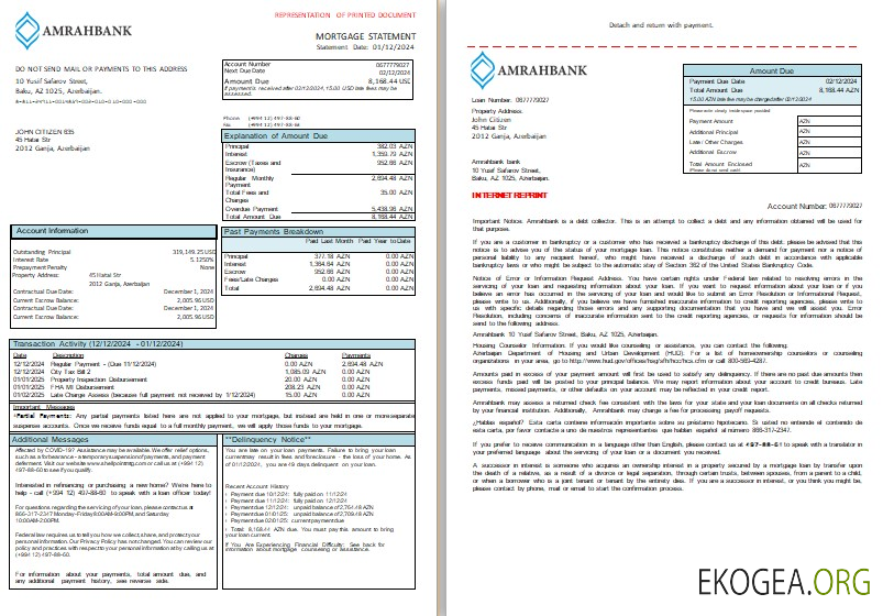 Relevé hypothécaire de la banque Amrahbank d'Azerbaïdjan, 3 pages, 1, 2 scr